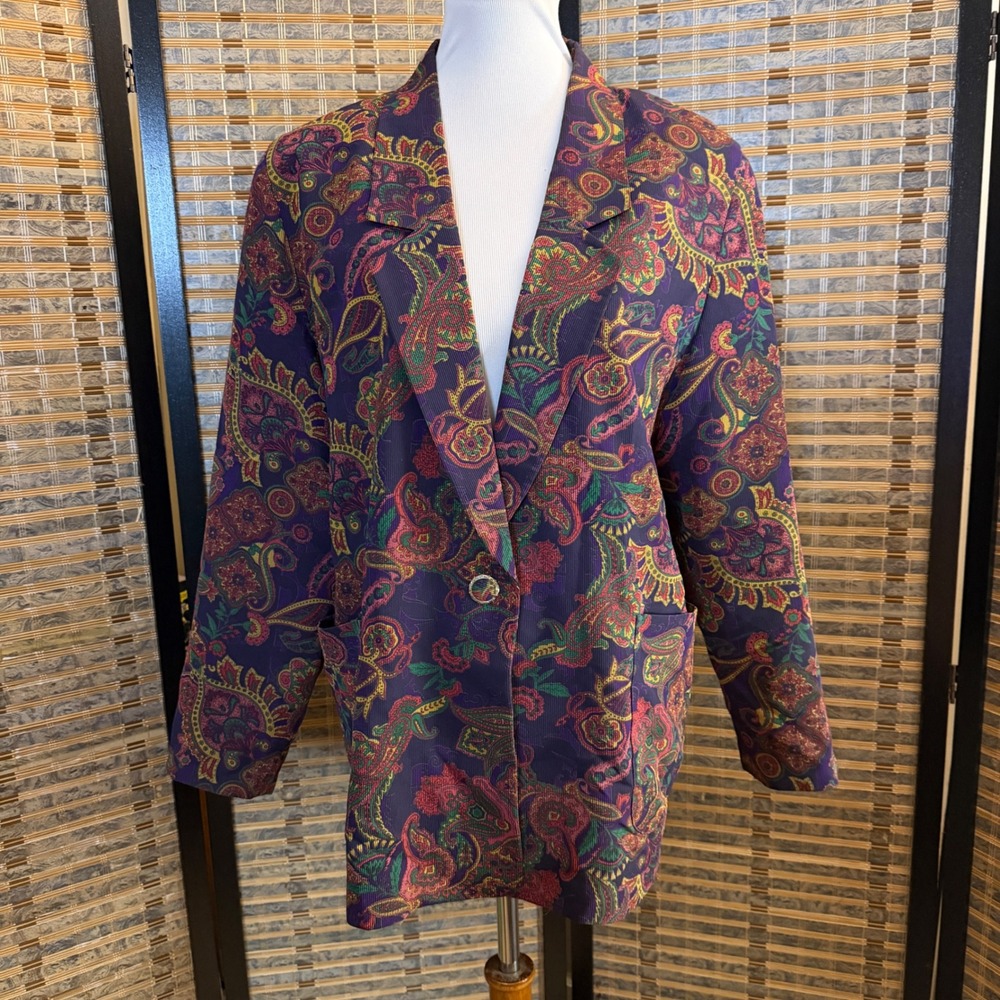 Woo Lim Paisley Wool Blazer Women L Purple Multi Vintage Single Button Jacket
